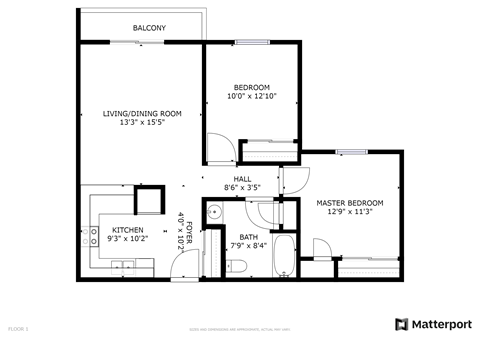 Floor plan for 2 beds, 1 bath, 800 sqft